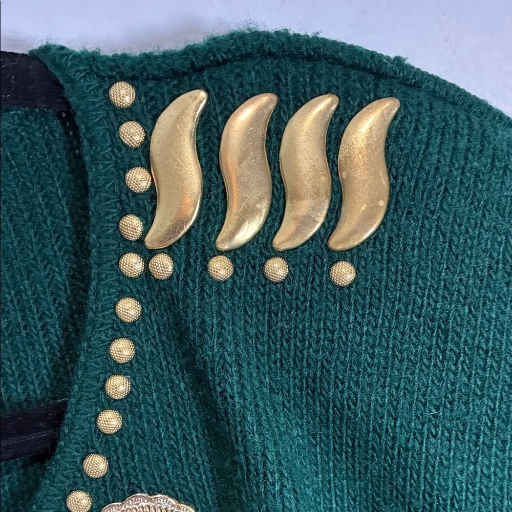 Vintage 90s Green Embellished Sweater XL Gold Studded V-Neck Retro - Picture 7 of 13